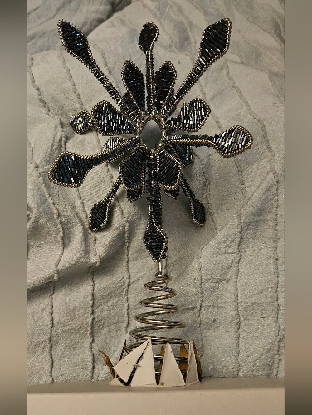 Beaded Steel Blue and Silver Snowflake Tree Topper
